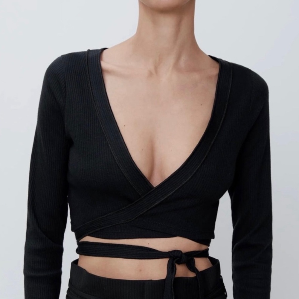 Zara Black Tie Cropped Sweater/Arm Warmer Medium NWT